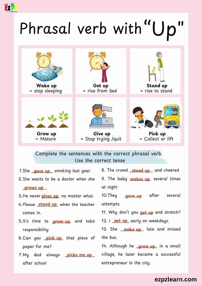 Phrasal Verbs with “Up” – 14 Sentences | ESL Grammar Worksheet | Free PDF